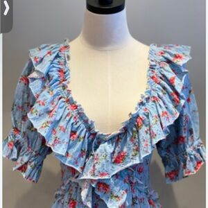 Free People Floral Ruffle Women's Top Size Lg Peasant Sleeve Like New